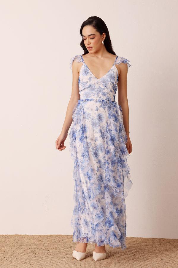 Lace & Beads Malin Maxi Dress In Blue Print