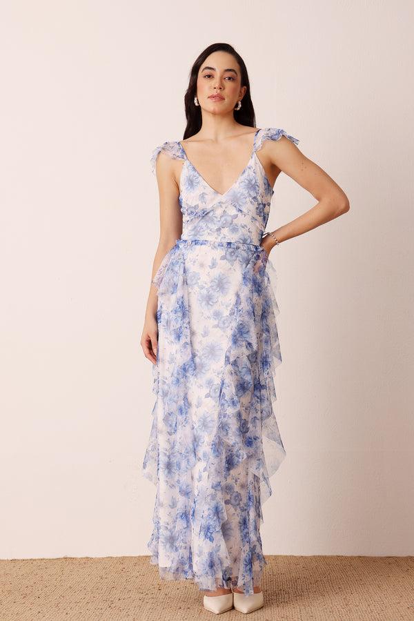 lace & beads Malin Maxi Dress in Blue Print