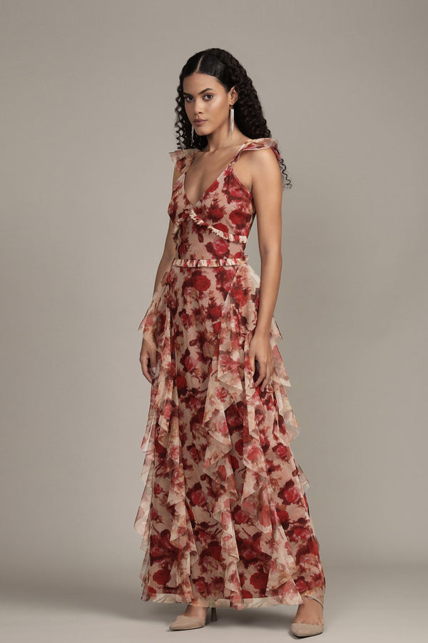 Lace & Beads Malin Maxi Dress In Rose Floral