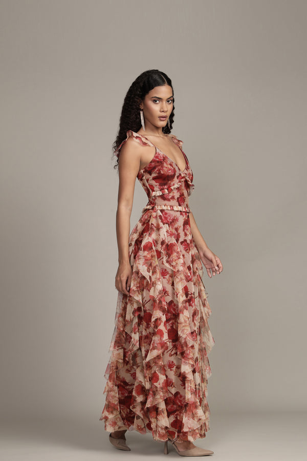 Lace & Beads Malin Maxi Dress In Rose Floral