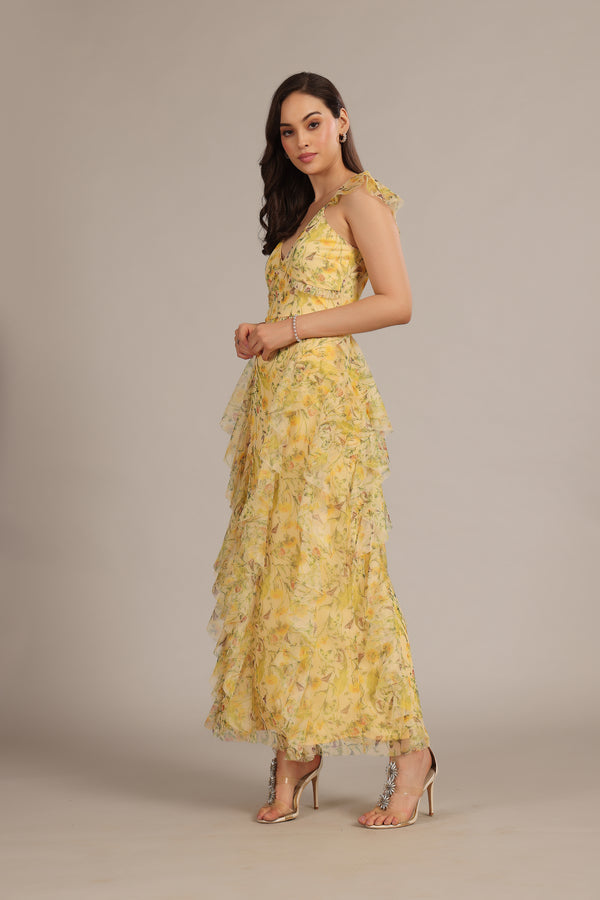 Lace & Beads Malin Maxi Dress In Yellow Floral