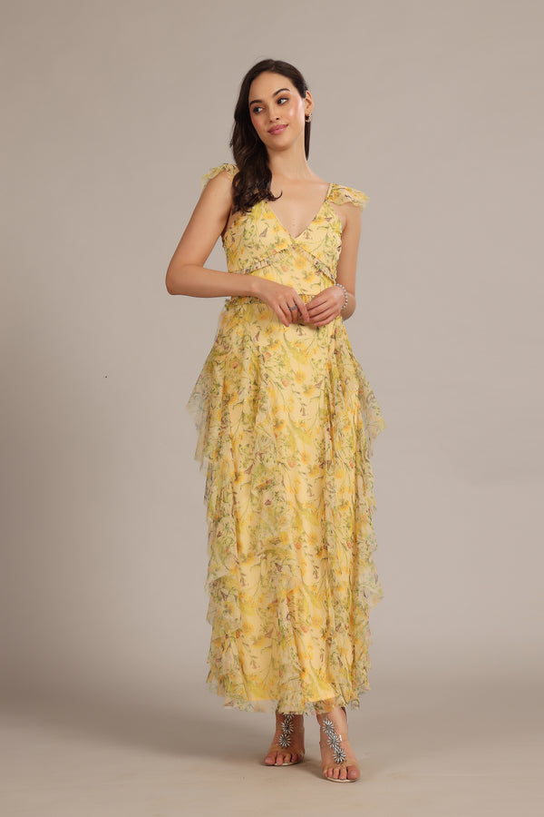 lace & beads Malin Maxi Dress in Yellow Floral