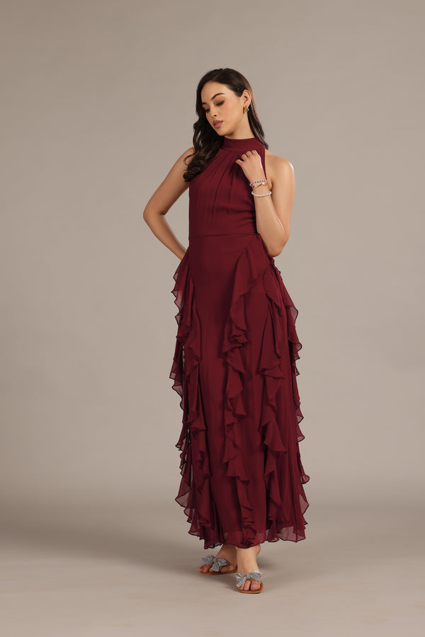Lace & Beads Malinina Maxi Dress In Burgundy