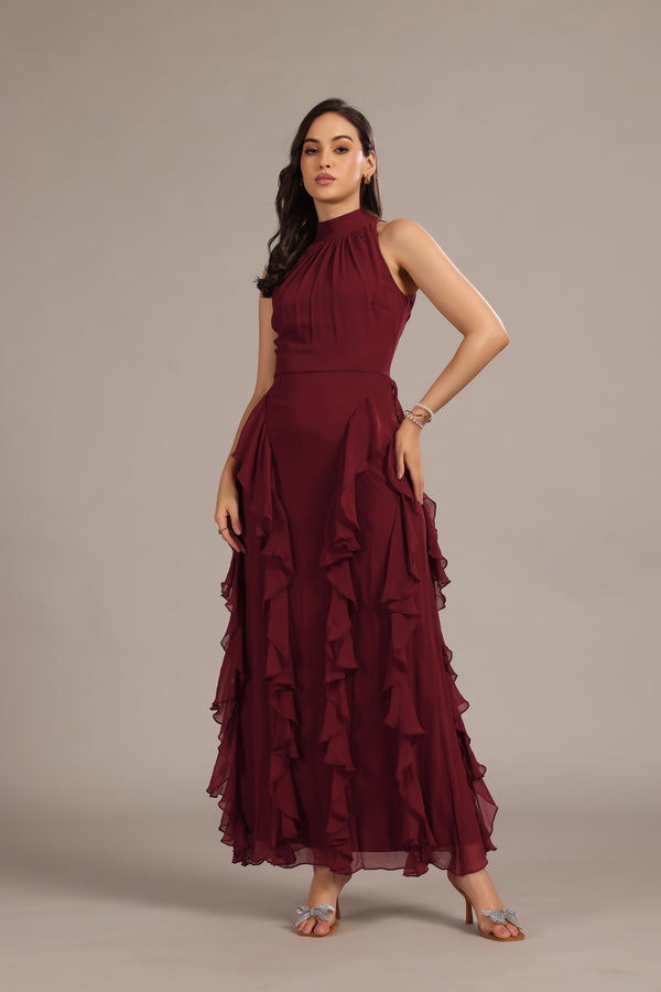 lace & beads Malinina Maxi Dress in Burgundy