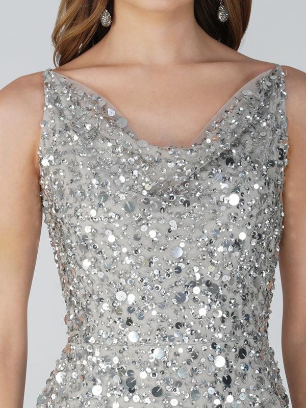 Lace & Beads Marita Embellished Midi Dress In Silver