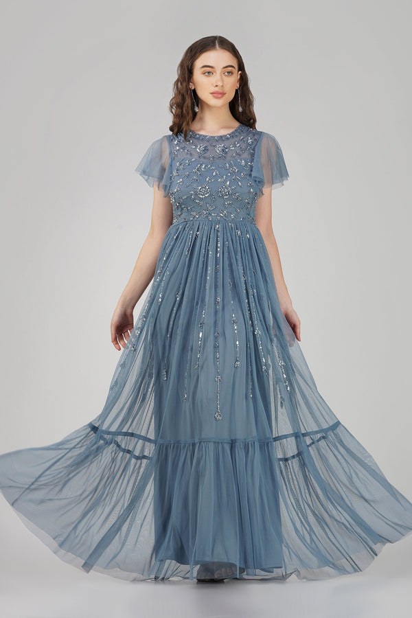 Lace & Beads Marly Blue Embellished Maxi Dress