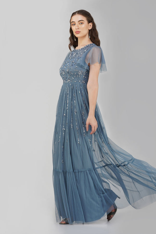 Lace & Beads Marly Blue Embellished Maxi Dress