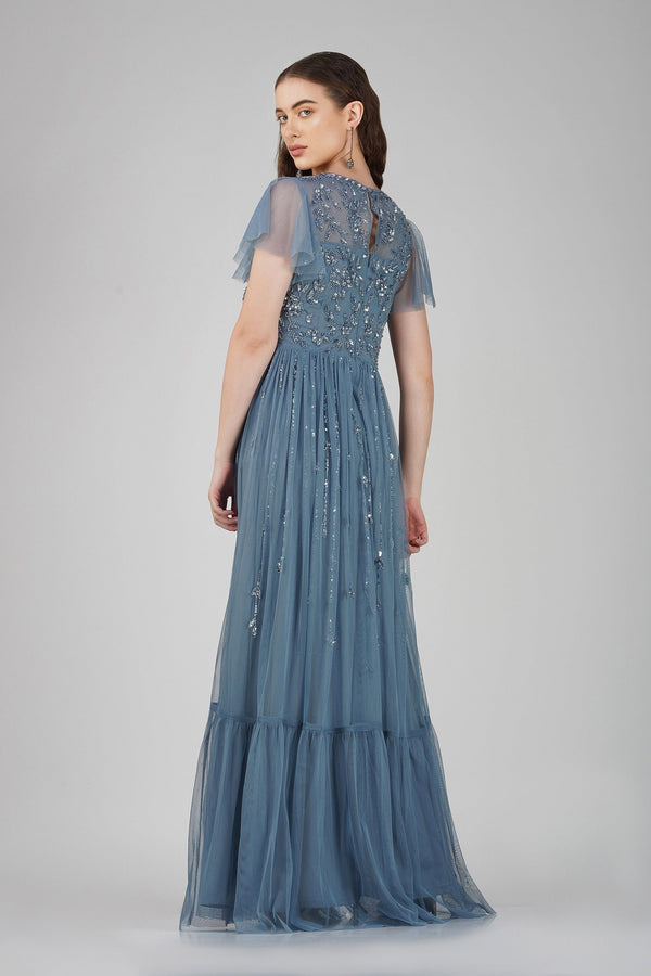 Lace & Beads Marly Blue Embellished Maxi Dress