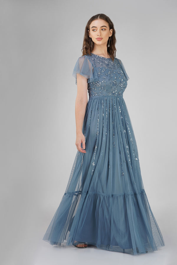 lace & beads Marly Blue Embellished Maxi Dress