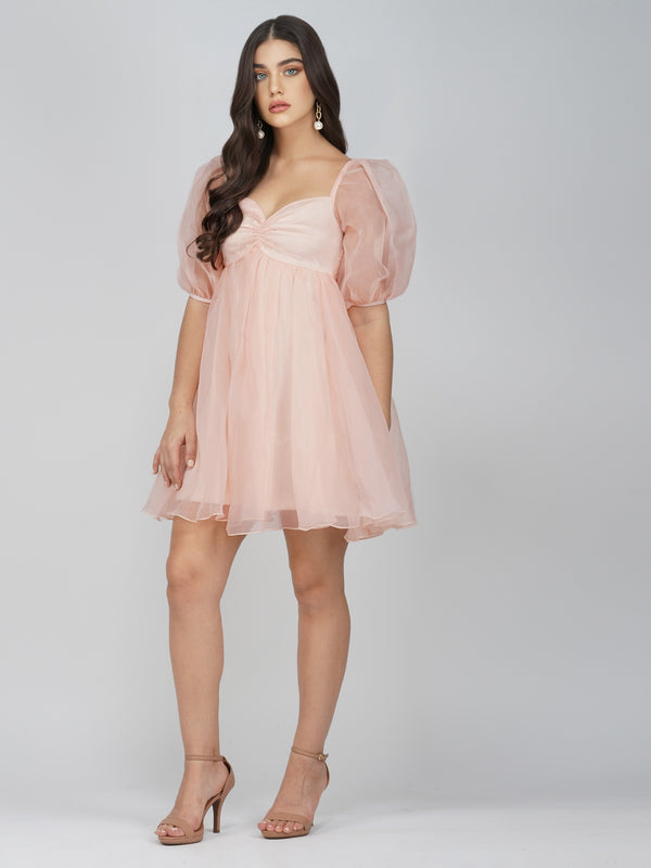 Lace & Beads Melanie Pink Puff Sleeve Dress