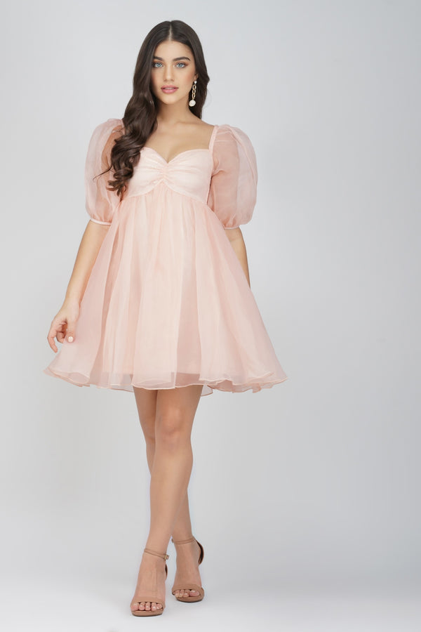 lace & beads Melanie Pink Puff Sleeve Dress