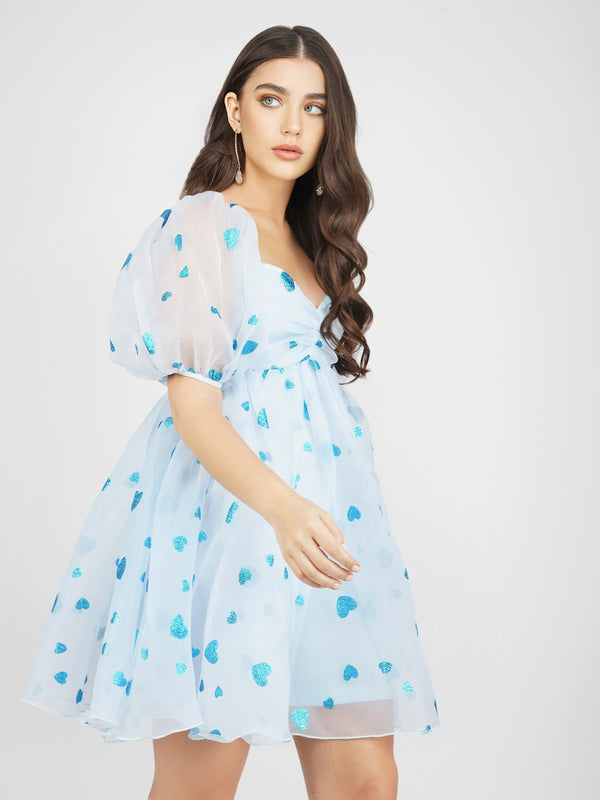 Lace & Beads Melanie Puff Sleeve Dress In Blue Heart
