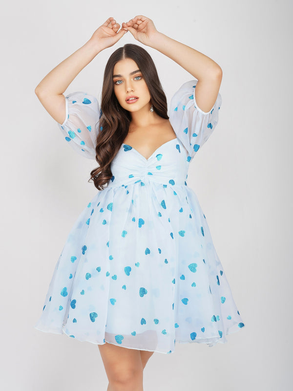 Lace & Beads Melanie Puff Sleeve Dress In Blue Heart