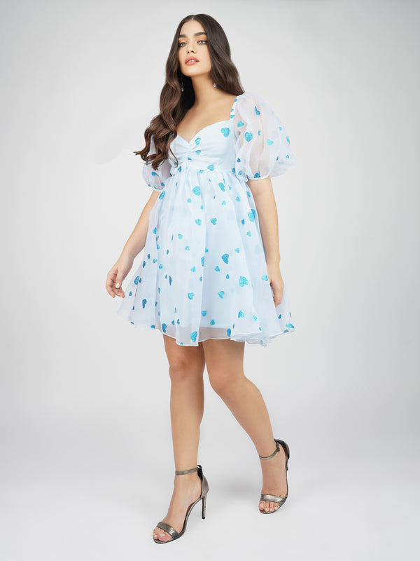 Lace & Beads Melanie Puff Sleeve Dress In Blue Heart