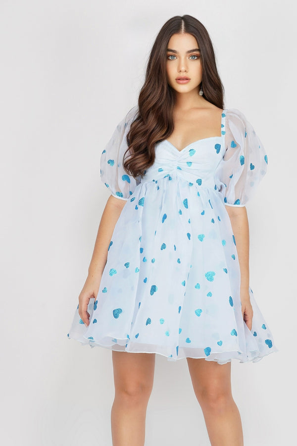 lace & beads Melanie Puff Sleeve Dress in Blue Heart