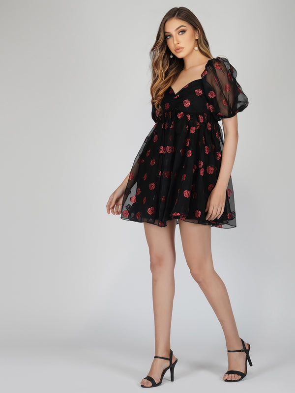 Lace & Beads Melanie Rose Puff Sleeve Mini Dress