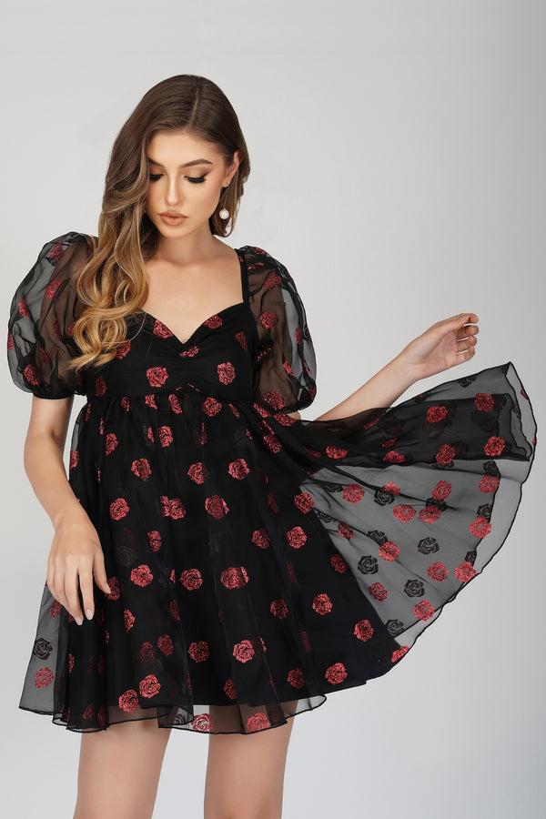 lace & beads Melanie Rose Puff Sleeve Mini Dress