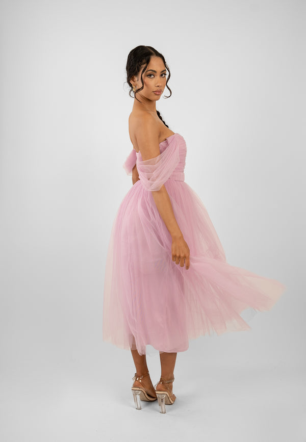 Lace & Beads Melbourne Tulle Midi Dress In Pink