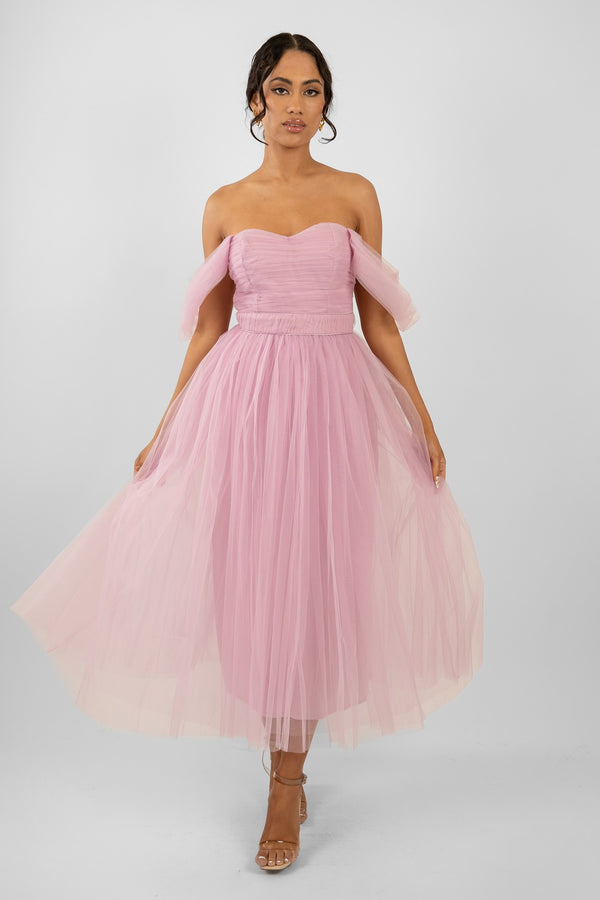 lace & beads Melbourne Tulle Midi Dress in Pink