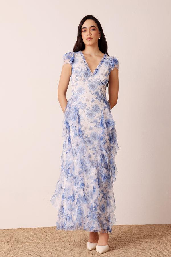 Lace & Beads Melody Maxi Dress In Blue Floral
