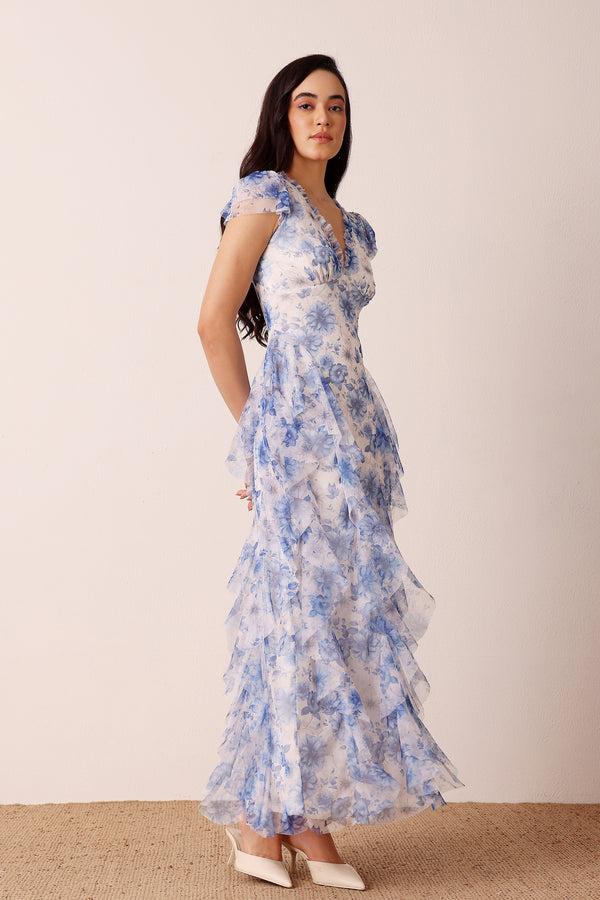 lace & beads Melody Maxi Dress in Blue Floral