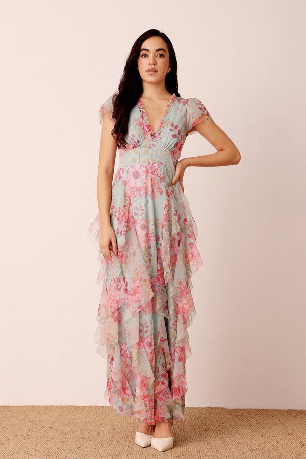 Lace & Beads Melody Maxi Dress In Mint Floral