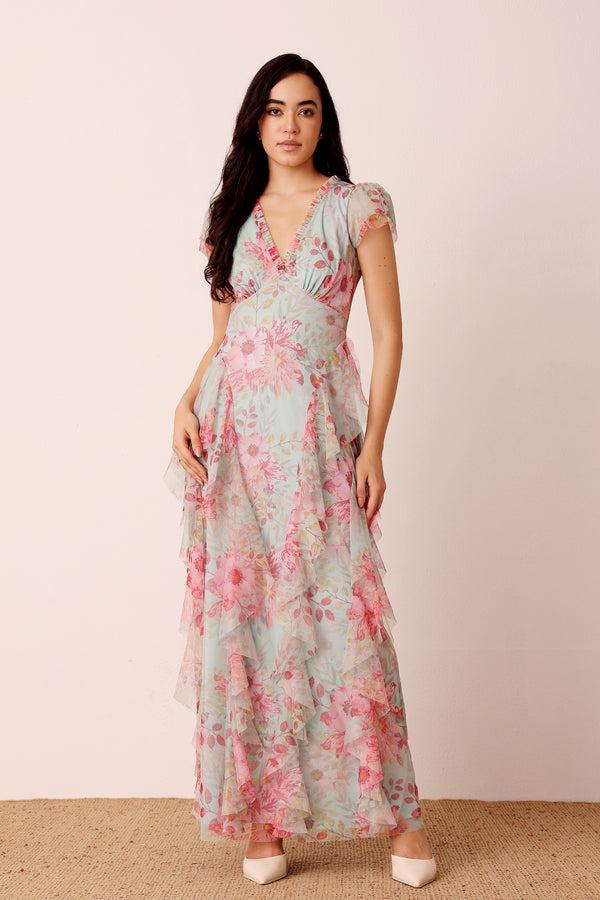 Lace & Beads Melody Maxi Dress In Mint Floral