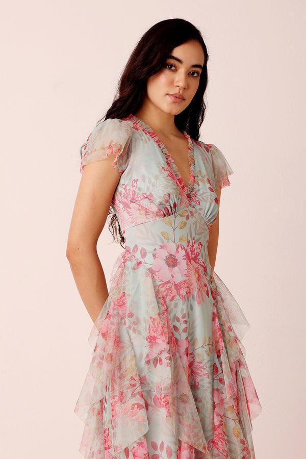 lace & beads Melody Maxi Dress in Mint Floral