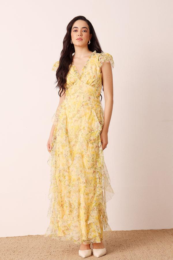 Lace & Beads Melody Maxi Dress In Yellow Floral