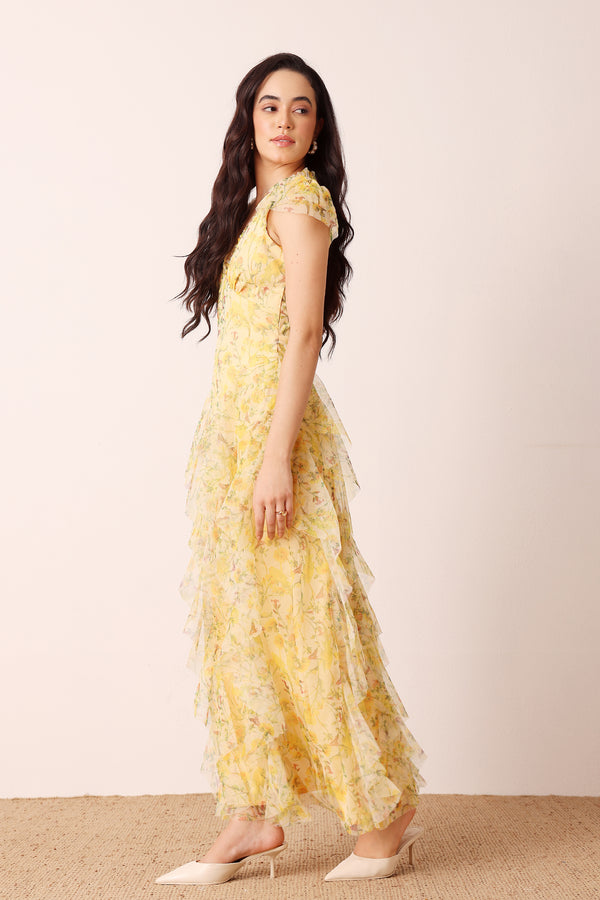 Lace & Beads Melody Maxi Dress In Yellow Floral