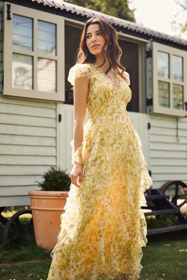 lace & beads Melody Maxi Dress in Yellow Floral