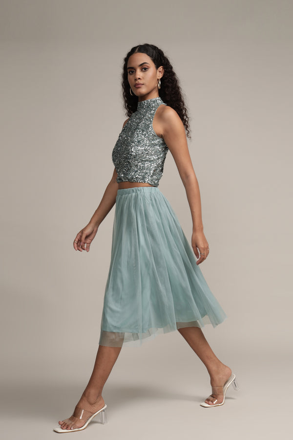 Lace & Beads Merlin Teal Tulle Midi Skirt