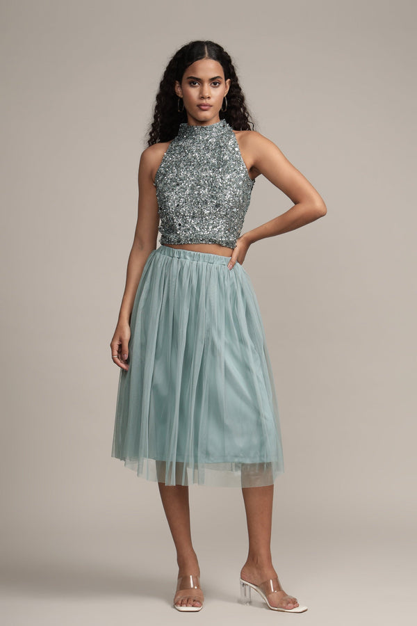 lace & beads Merlin Teal Tulle Midi Skirt