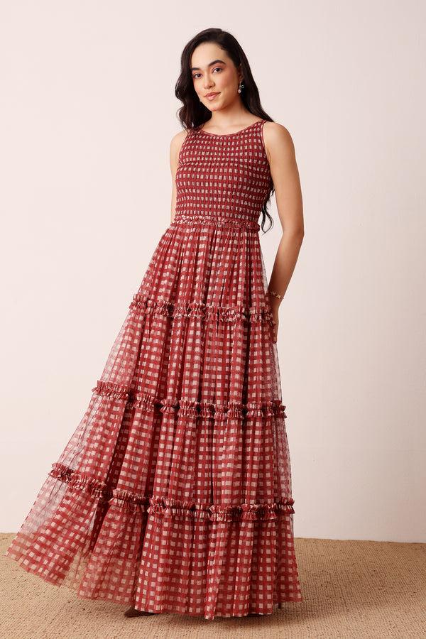 Lace & Beads Mhairi Maxi Dress In Burgundy Plaid