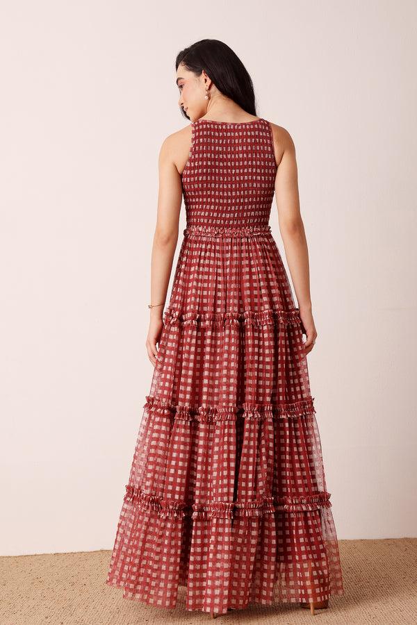Lace & Beads Mhairi Maxi Dress In Burgundy Plaid