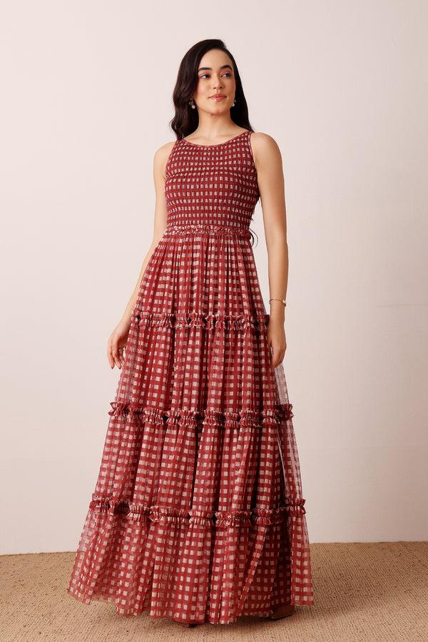 lace & beads Mhairi Maxi Dress in Burgundy Plaid