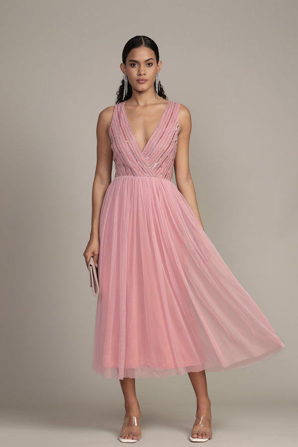 Lace & Beads Millie Midi Embellished Dress In Pink