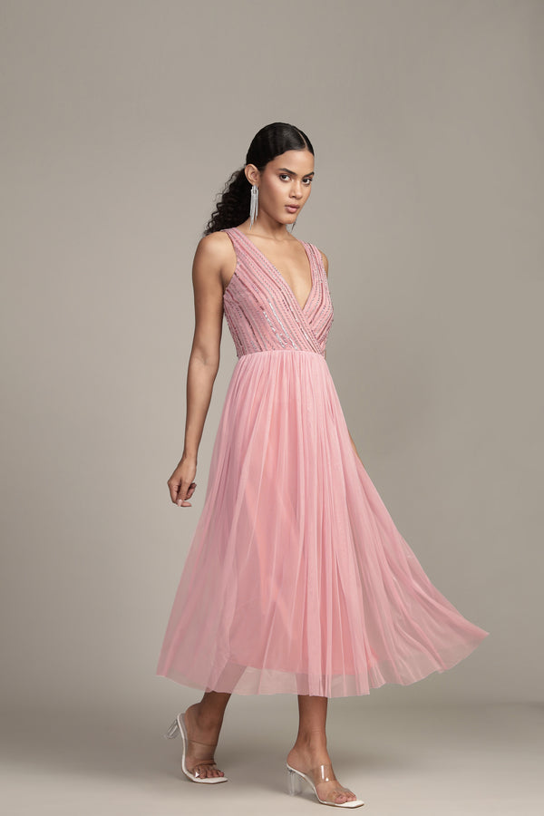 Lace & Beads Millie Midi Embellished Dress In Pink
