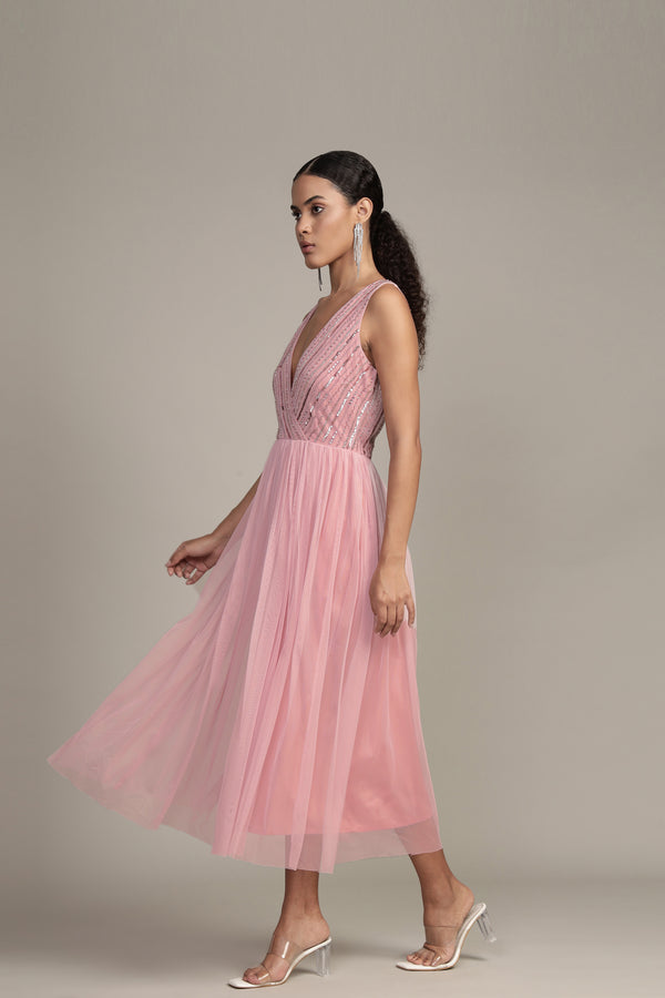 Lace & Beads Millie Midi Embellished Dress In Pink
