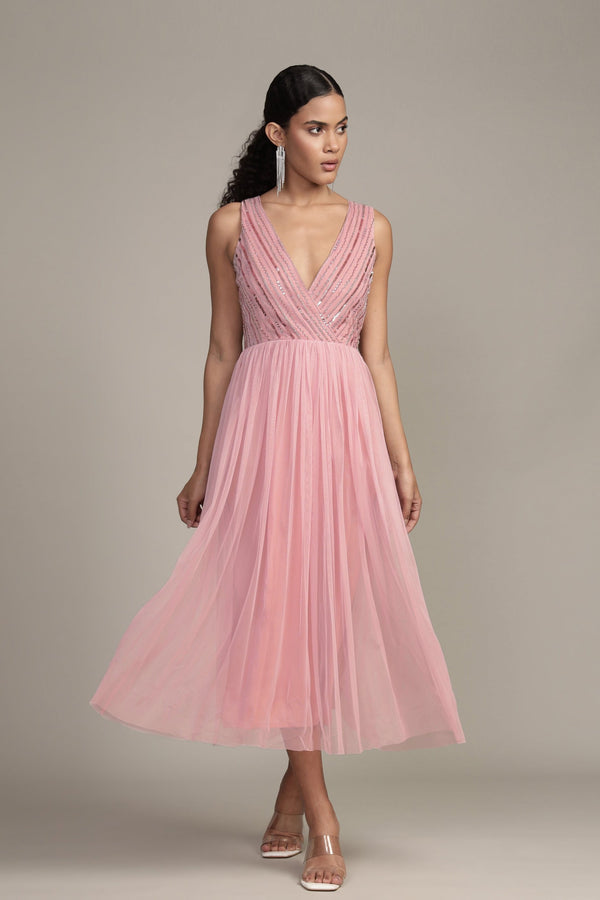 lace & beads Millie Midi Embellished Dress in Pink