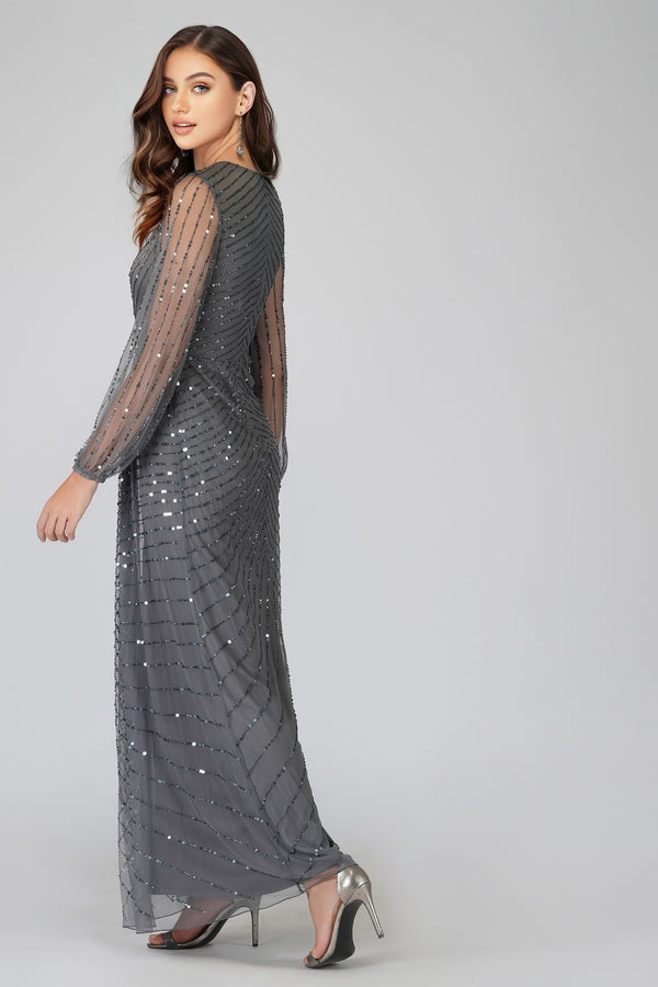 Lace & Beads Miya Long Sleeve Grey Bridesmaid Dress