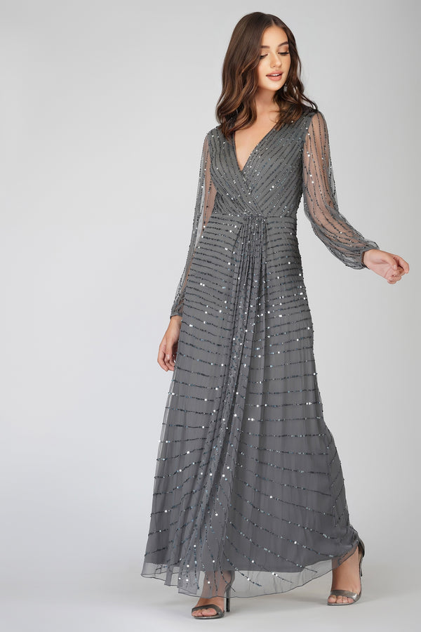 Lace & Beads Miya Long Sleeve Grey Bridesmaid Dress