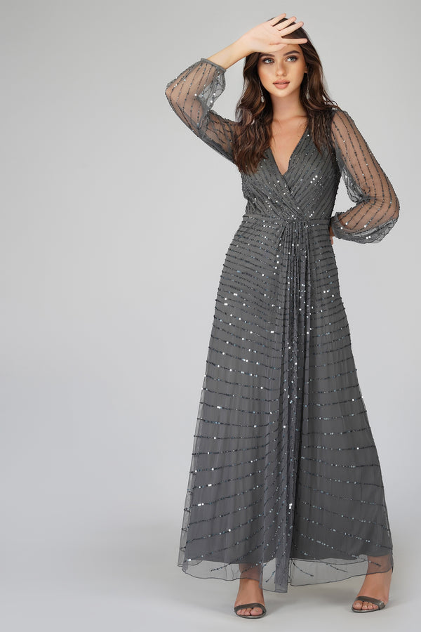 Lace & Beads Miya Long Sleeve Grey Bridesmaid Dress