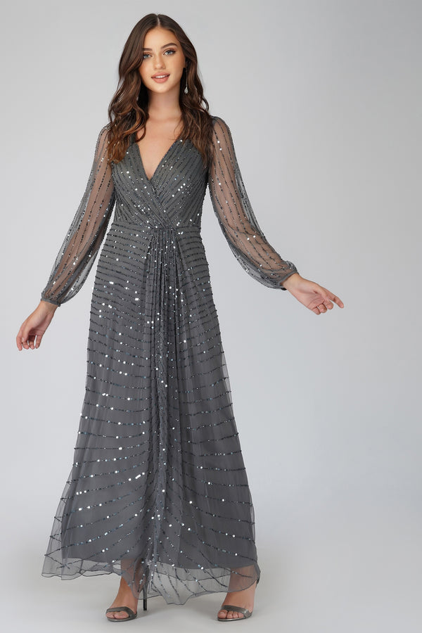 lace & beads Miya Long Sleeve Grey Bridesmaid Dress