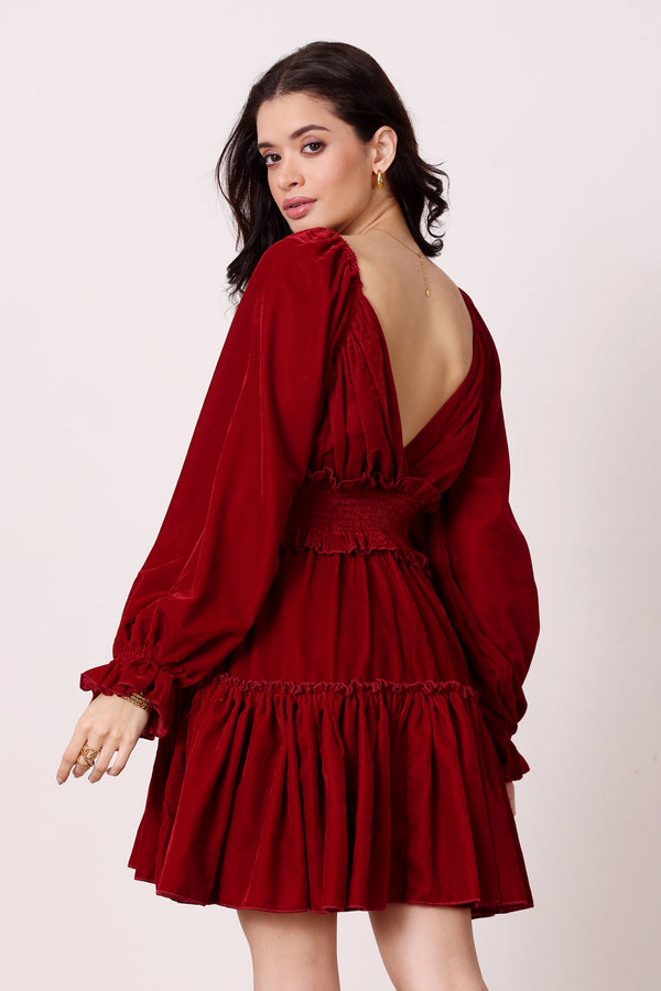 Lace & Beads Montana Velvet Mini Dress In Red