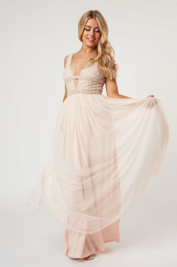 Lace & Beads Myla Nude Embellished Maxi Dress