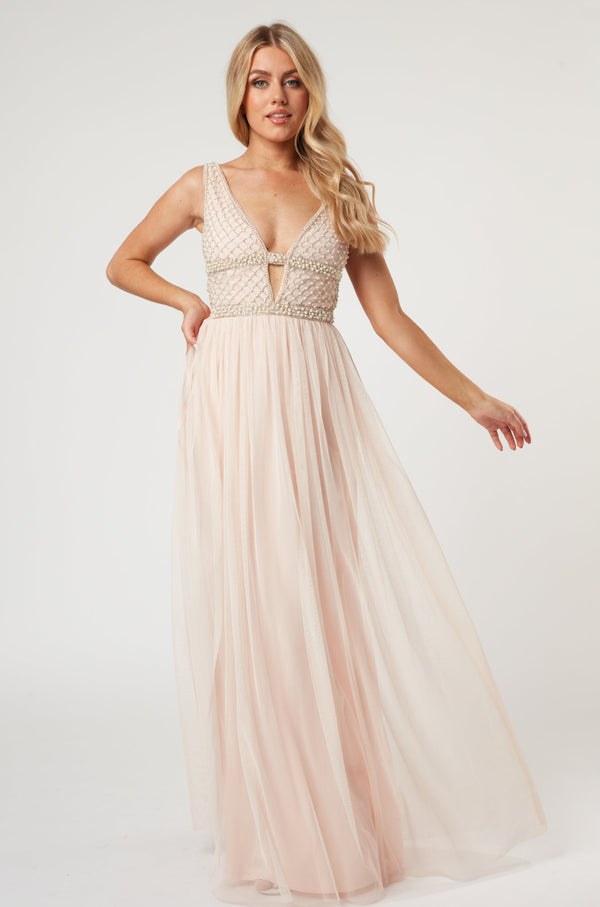 lace & beads Myla Nude Embellished Maxi Dress