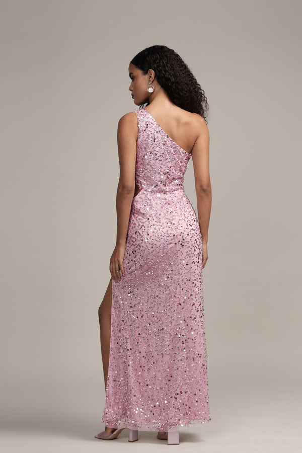 Lace & Beads Naeve One Shoulder Sequin Dress In Pink