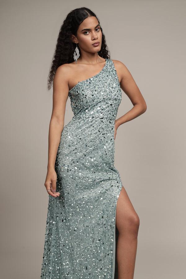 Lace & Beads Naeve One Shoulder Sequin Dress In Teal