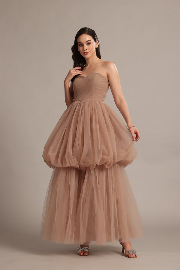 Lace & Beads Nala Strapless Maxi Dress In Taupe